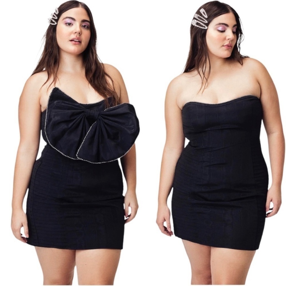 For Love & Lemons Celeste Moire Rhinestone Mini Dress 1X 14 Black Removable Bow - Picture 3 of 11